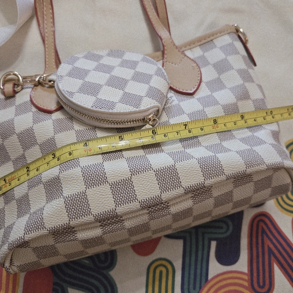 Designer-Inspired Cream and Tan Check Mini Tote with Round Coin Pouch - Picture 6 of 7